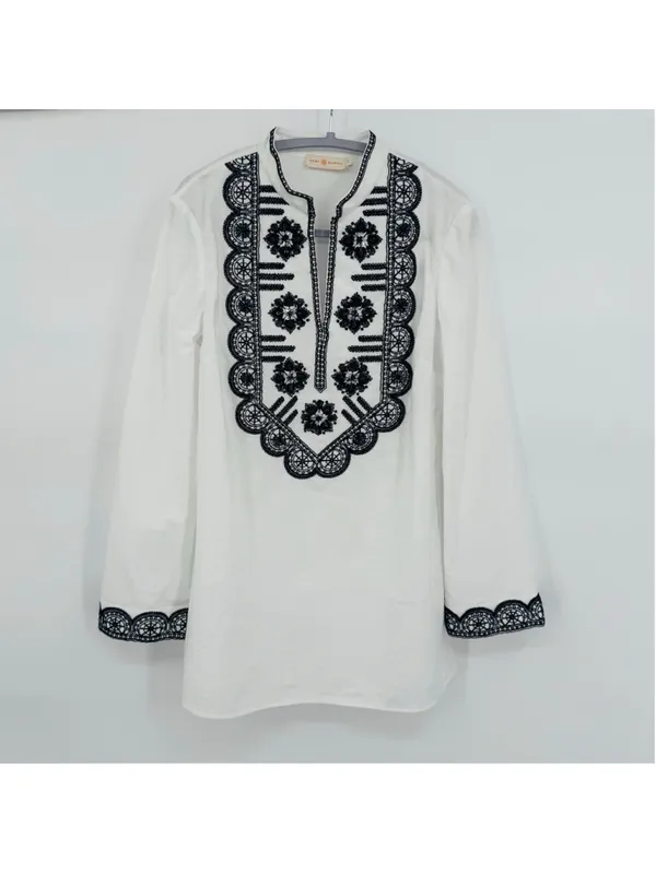 Tory Burch Richa Tunic Top Size 8 White Navy Blue Embroidered - Image 2