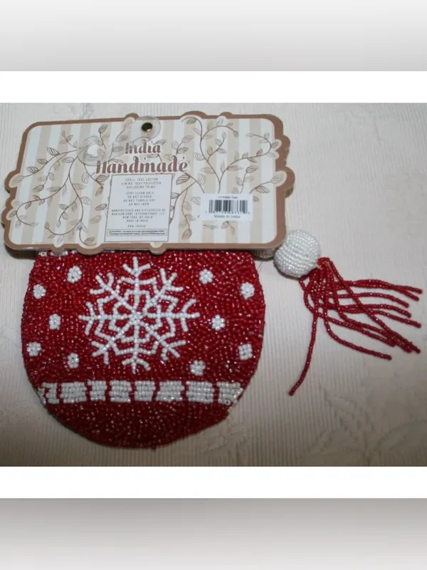 India Handmade Red Beaded Snowflake Coin Purse Christmas SNOWFLAKE Pouch 5" x 5" - Image 2