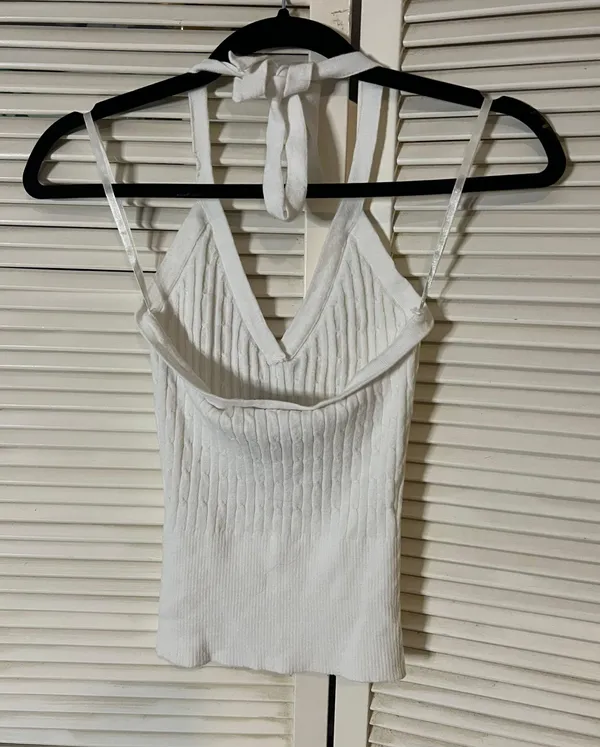 Small White Ribbed Cotton Halter Top - Image 2