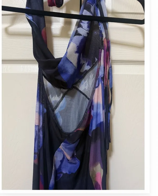 Purple Blue Floral Sheer Mesh Halter Cowl Maxi Dress - Image 4