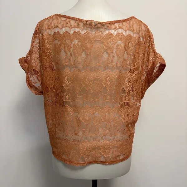 XXI Lace Top Large Orange Sheer Floral Scalloped Eyelash Trim Short Sleeve Y2K - Image 5