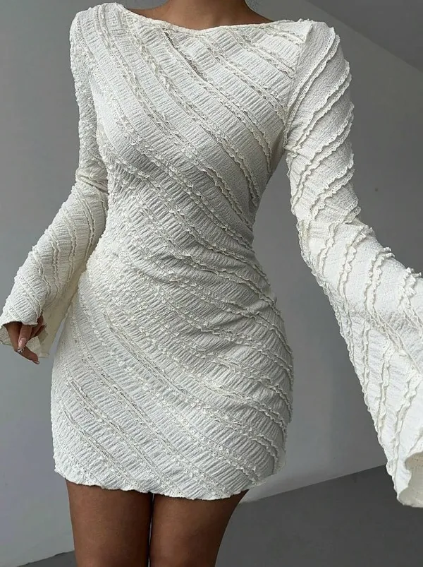 Pure White Textured Asymmetric Off-Shoulder Long Sleeve Dress - Image 3
