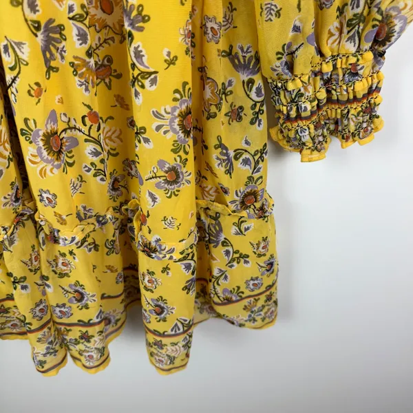 Max Studio Yellow Floral Smocked V-Neck‎ Mini Dress Cottage Boho Feminine Spring - Image 5
