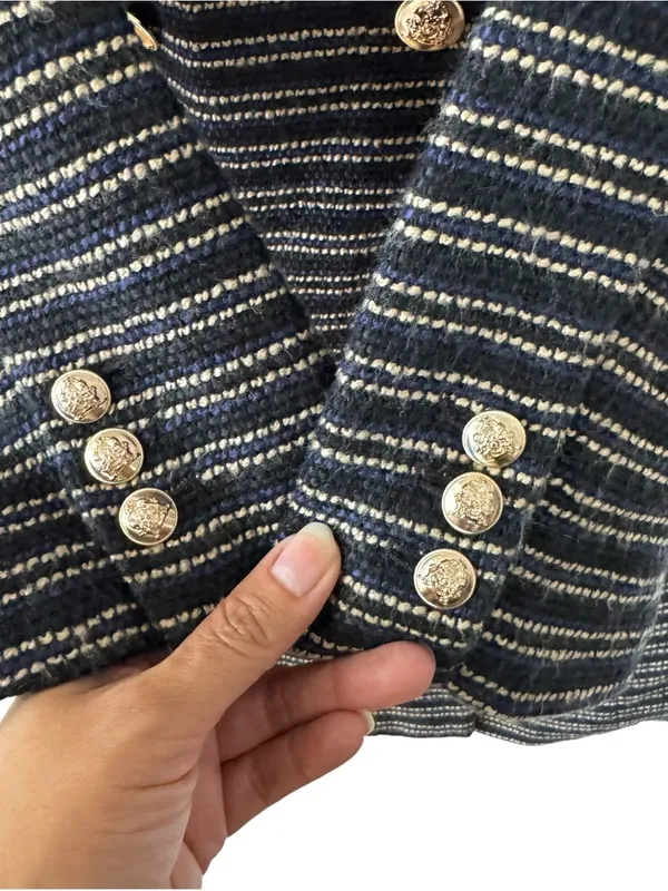 Ann Taylor Tweed Longline Blazer Coat Navy Golden Brown Stripe Size 8 - Image 9