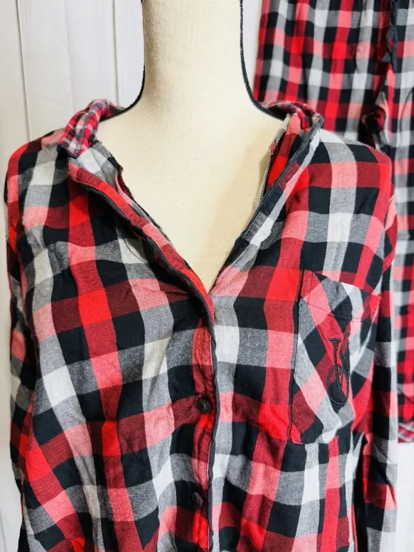 Victoria Secret Pajama Set Sz L Red Black Plaid Button Up Top Drawstring Pants - Image 2