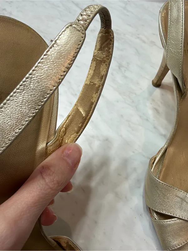 Stuart Weitzman Gold Metallic Leather Cork Platform Slingback Heels Size 7 Y2k - Image 7