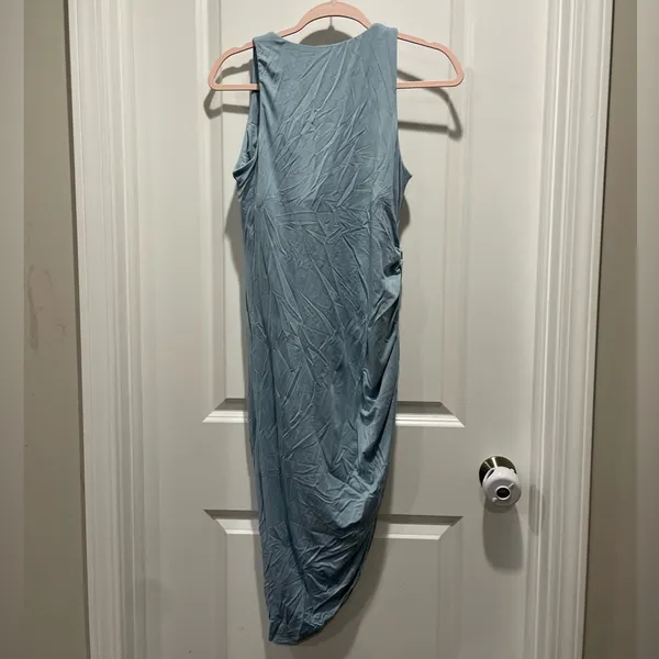 Halara Casual Dress Ruched Asymmetric Hem Size Large Bodycon Mini Blue Tank - Image 7