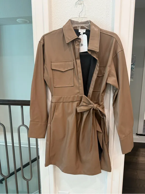 LE LIS Faux Leather Shirt Dress Taupe Tie Waist Mini Dress NWT Small - Image 3
