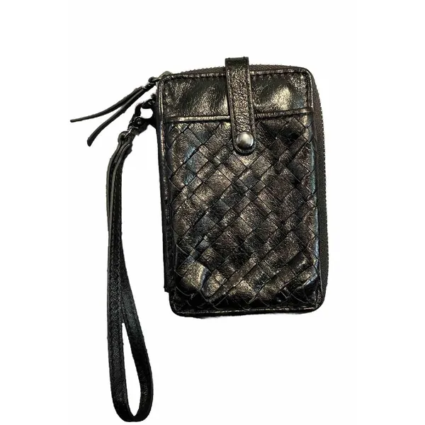 Elliott Lucca Black Leather Wristlet Zip Around Wallet‎ Phone Pocket Woven - Image 2