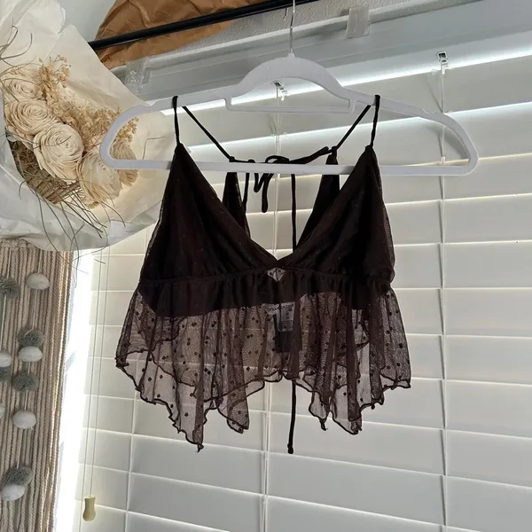 Urban Outfitters Brown Sheer Mesh Ruffle babydoll Top Y2K Fairy Grunge medium - Image 2