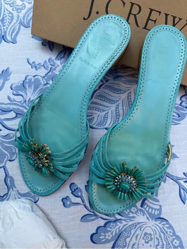 J Crew LYLA ITALIAN LEATHER SLIDES Sz 9 Fabulous Strappy Sandal Turquoise Shoes - Image 7