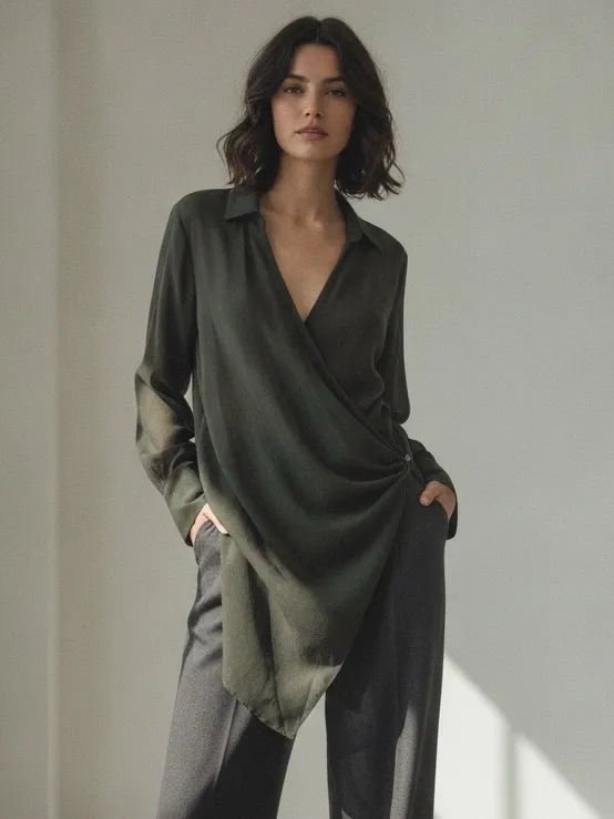 Zara Dark Green Wool Blend Draped Asymmetrical Avant Garde Long Wrap Blouse L - Image 12