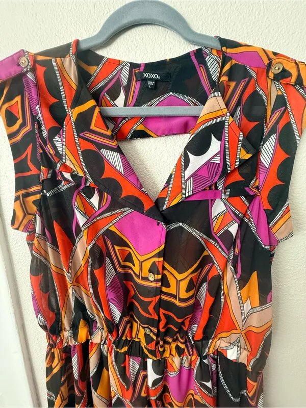 XOXO Black Mini Romper with Orange & Purple Geometric Print - Image 4