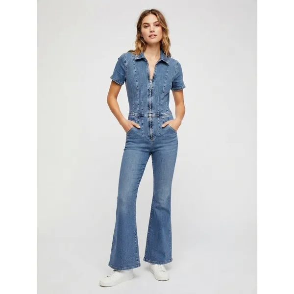FP We The Free Jayde Flare Denim Jumpsuit Blue Zip Front Retro Romper Size L - Image 16