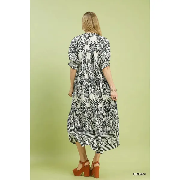 Umgee Two tone Border Print Midi Dress - Cream - Small - Image 4