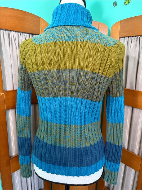 Cozy Striped Cowl Neck Sweater in Teal and Olive - Image 8