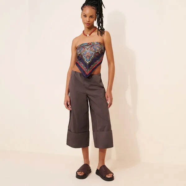 Free People M LULA CUFF PANTS Pull On Wide Leg Crop Brown 21" Inseam Capri - Image 3