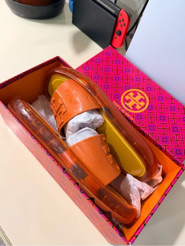 Orange Logo Slide Sandals with Yellow Footbed - Image 8