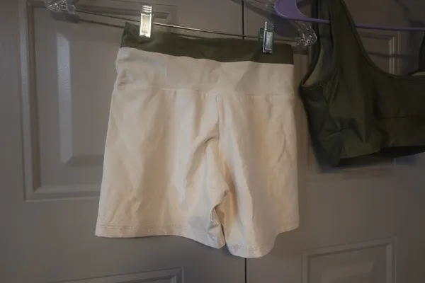 Workout exercise loungewear casual summer active shorts and one should top sports bra set in olive green and beige - Image 10