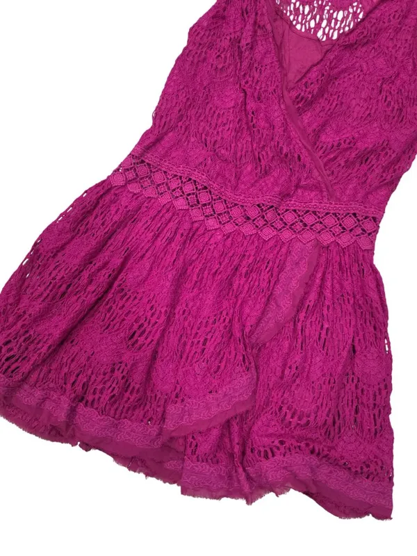Free People Raspberry Lace Sleeveless Mini Dress Wrap Style Flowy Boho Sz Small - Image 7