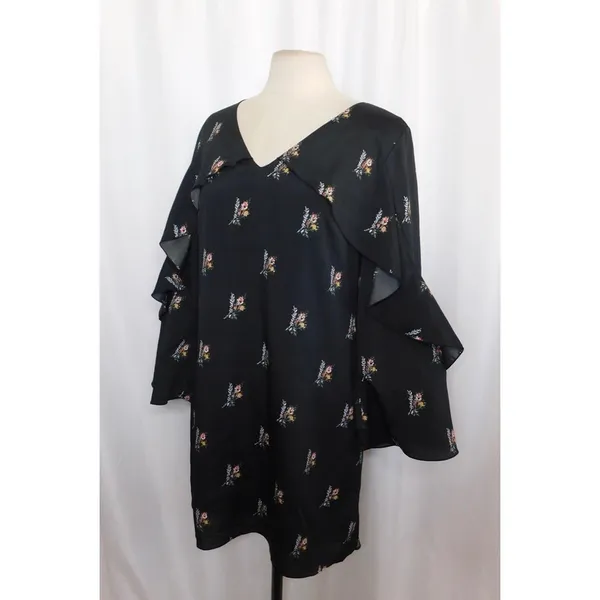 KOBI HALPERIN Ayana Ruffle Sleeve‎ Black Floral Dress Cape Shift Dress Medium - Image 4