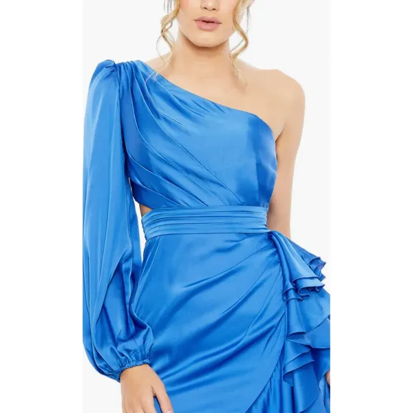 Mac Duggal Pleated Cascade Detail One-Shoulder Satin A-Line Gown Size 6 Cobalt - Image 3