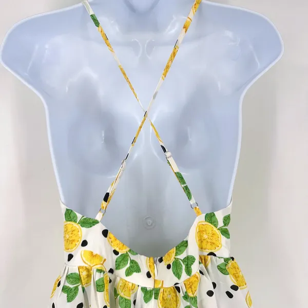 Womens Lemon Print Maxi Dress Halter Neck Size S Slit White‎ Yellow Fun Party - Image 4