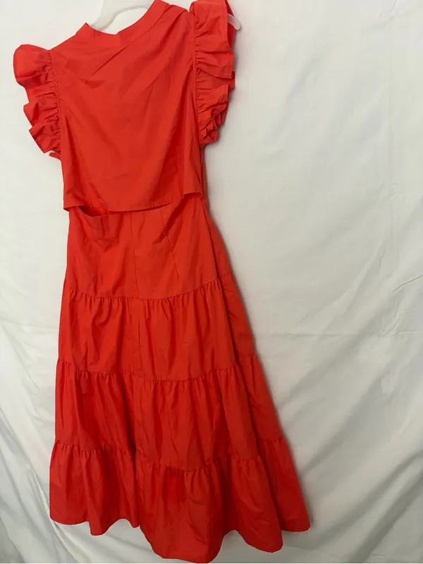 Entro Tiered Midi Dress Large Red Orange Ruffle Sleeve Back Cutout NWOT(A906) - Image 11