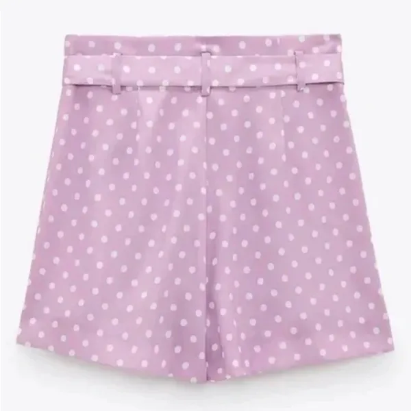 ZARA Lilac & White Polka‎ Dot High Waisted Flowy Satin Belted Paperbag Shorts XS - Image 7