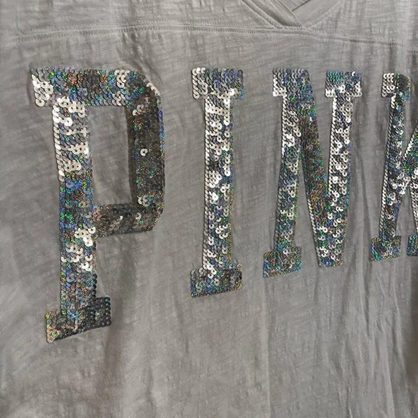 PINK Victoria’s Secret Watercolor Sequin Bling Oversized White T-Shirt, M - Image 4