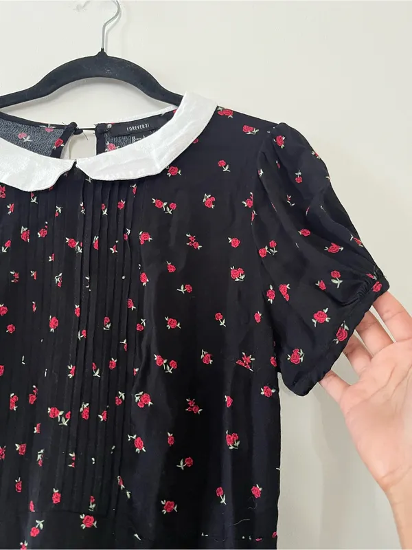 Forever 21 Black Rose Print White Collar Mini Dress Small Cottagecore Romantic Going Out - Image 3