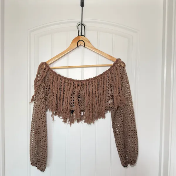 Miamisty Large Brown Crochet Boho Chic Cropped Fringed Cover Up Top Whimsigoth - Image 4