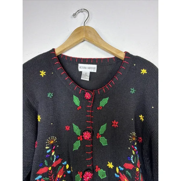 Victoria Harbour medium Embroidered Christmas Sweater Cardigan Sequin vintage - Image 4