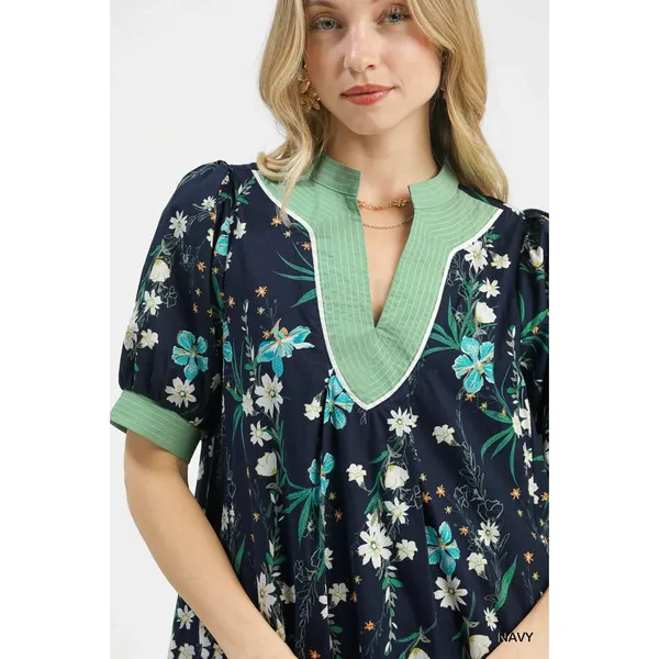 Umgee Floral Puff Sleeve Dress with Contrast‎ Trim - Navy - Large - Image 6