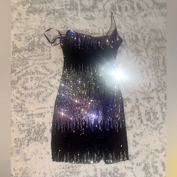 B Darlin Ombre Purple Black Sequin Mini Dress Size 1/2 Bodycon Sparkly Glam - Image 4