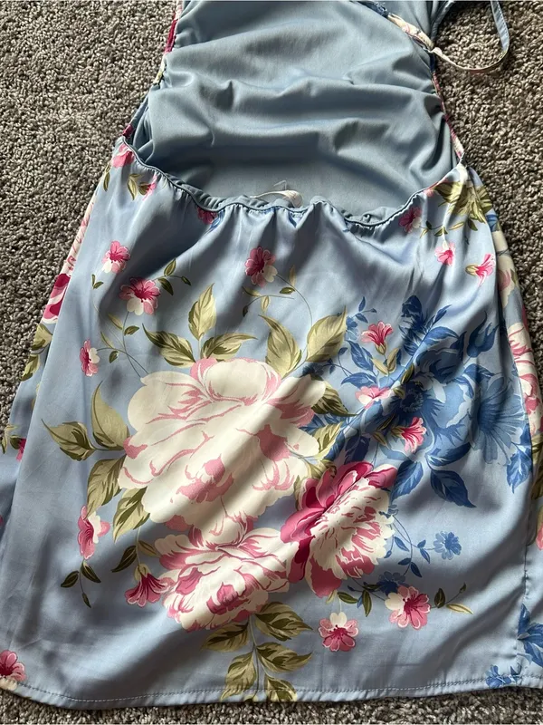 Blush BJ Light Blue Floral Satin Mini Dress with Spaghetti Straps - Image 4