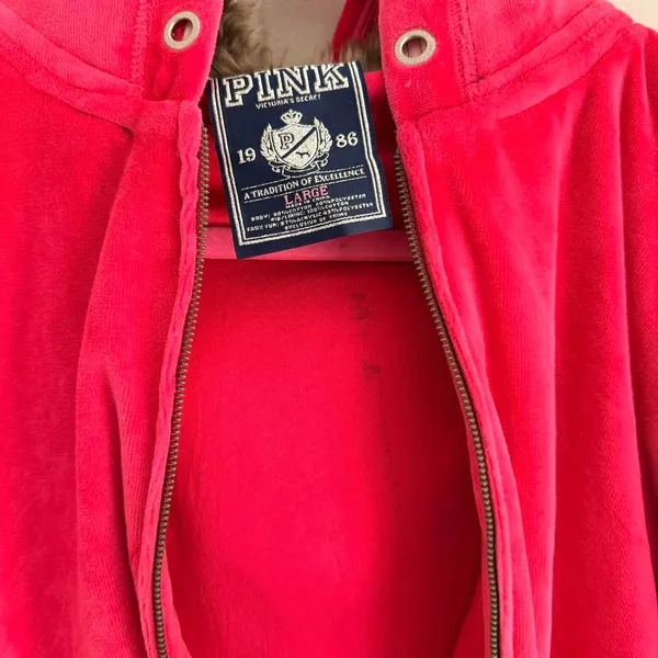 Y2k Pink Victoria'S Secret Rhinestone Embellished Velour Fur Hood Zip Up Jacket - Image 6