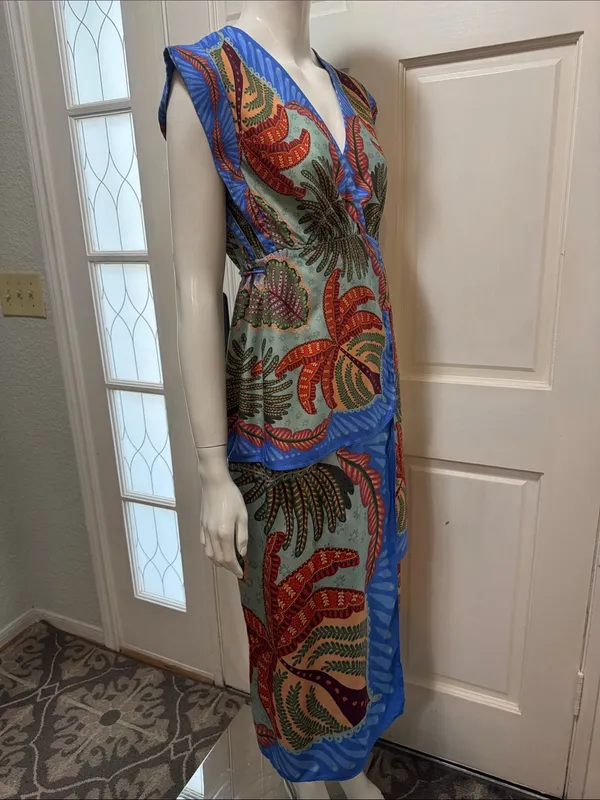 Farm Rio Viscose Sleeveless Tropical Print Blue Maxi Dress Size Small - Image 9