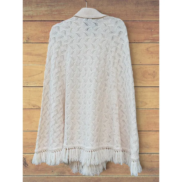 VTG 70's Cuddle Knit Cream Pointelle Button Front Cape Fringe Poncho Cottagecore - Image 2