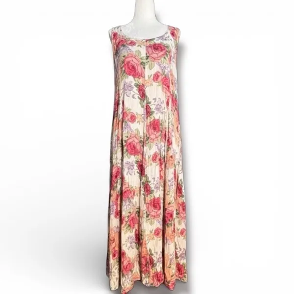 Vintage 90s Baby Pink Floral Crinkle Maxi Dress‎ Romantic Sleeveless Rayon Small - Image 3