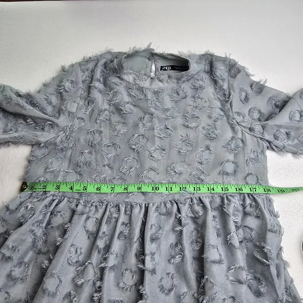 Zara Textured Fringe Circle Applique Babydoll Mini Dress‎ Dusty Blue Small - Image 9