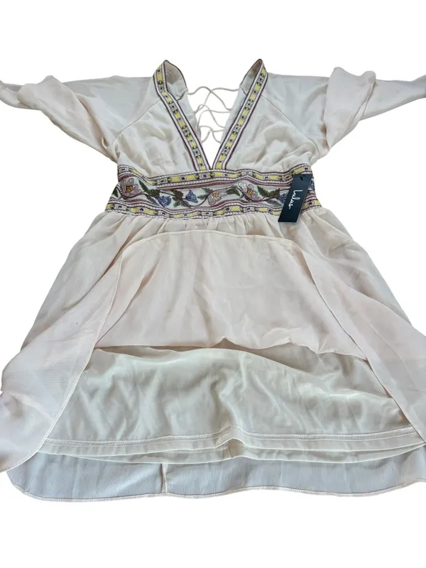 Lulus Reign Check Pale Peach Embroidered Dress Mini Boho Womens Medium NEW - Image 10