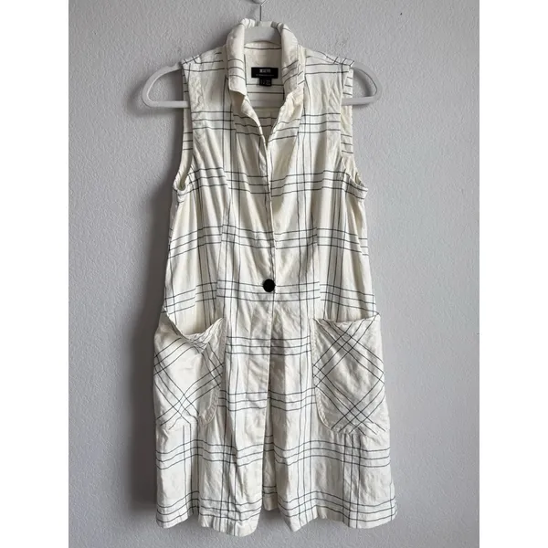 Maeve Anthropologie Long Linen Plaid Duster Vest Ivory Windowpane Academia‎ Sz 4 - Image 6