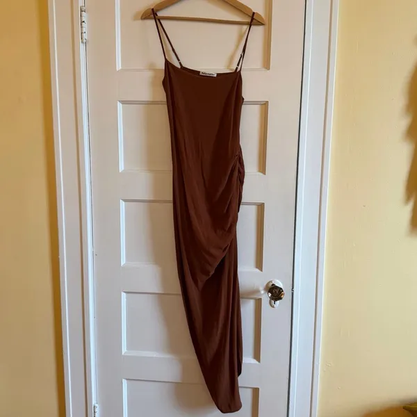 Reformation Mignon Ruched Spaghetti Strap Body Con Midi Dress in Toffee Brown - Image 3