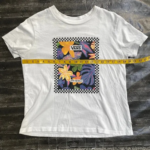 Vans White Tee Floral Leaf Checkered Graphic Print Short Sleeve Shirt - Image 5