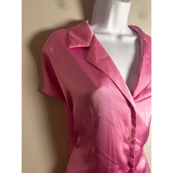 Rachel Rachel Roy‎ Hot Pink Satin Button Down Short Sleeve Blouse Large Fuchsia - Image 4