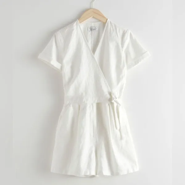 & other stories linen romper wrap tie front short sleeve playsuit pockets - Image 5