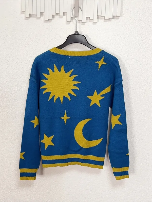 Miss Sparkling Blue Celestial Sun Moon Star Button Front Knit Cardigan - Image 6
