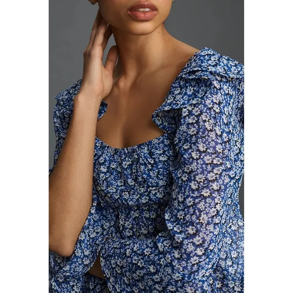 Anthropologie MAEVE Square Neck Sheer Babydoll Top Blue White Floral Large‎ - Image 5