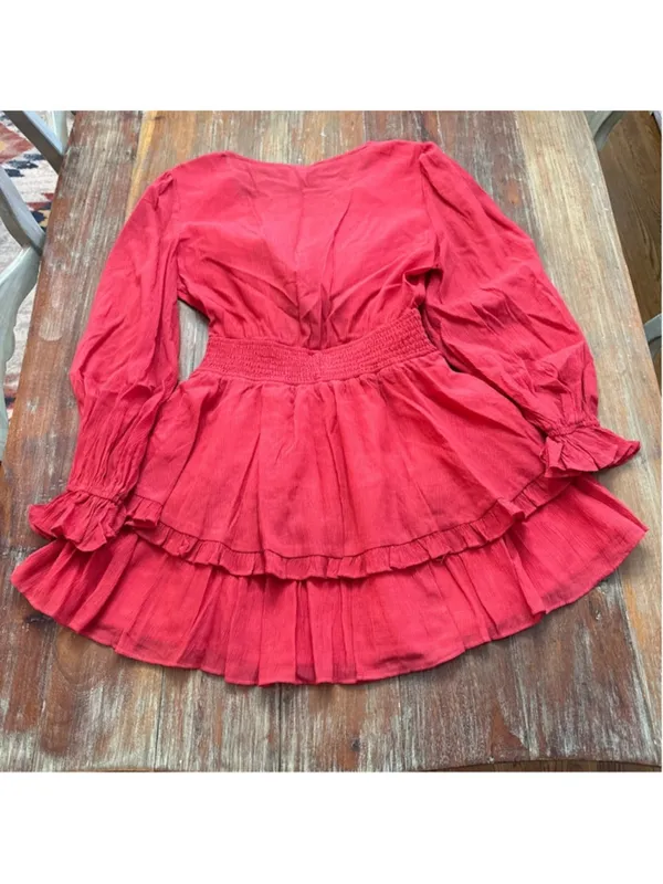 Angel Biba Red Tie Front Ruffle Tiered Mini Dress Long Sleeve Boho US S AU 8 - Image 13